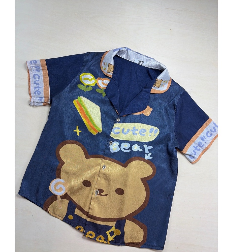 MUM Design by MUM Cute Bear Navy Blue Satin Button Up Shirt Short‎ Sleeve Small